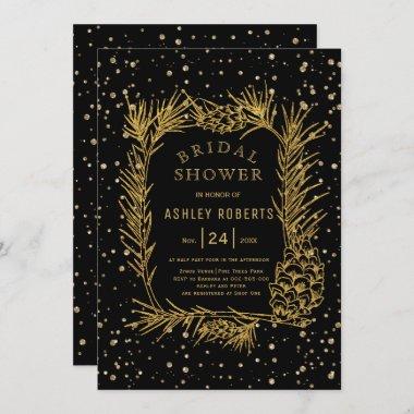 Gold glitter pine black winter bridal shower Invitations