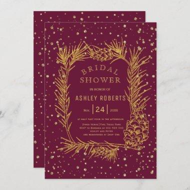 Gold glitter pine burgundy winter bridal shower Invitations
