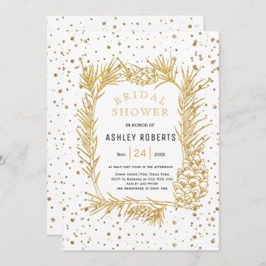 Gold glitter pine, confetti winter bridal shower Invitations