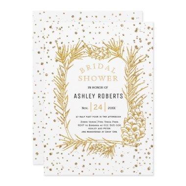 Gold glitter pine, confetti winter bridal shower Invitations