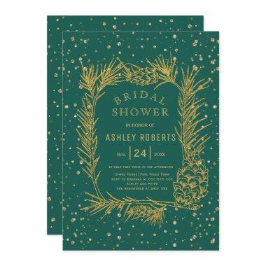 Gold glitter pine evergreen winter bridal shower Invitations