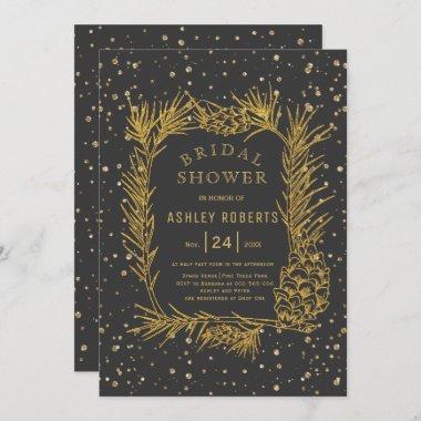 Gold glitter pine gray winter bridal shower Invitations