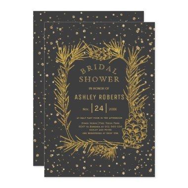 Gold glitter pine gray winter bridal shower Invitations