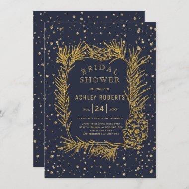 Gold glitter pine midnight blue bridal shower Invitations