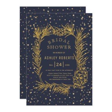 Gold glitter pine midnight blue bridal shower Invitations