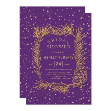 Gold glitter pine purple winter bridal shower Invitations