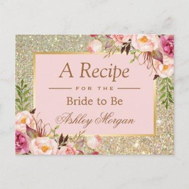 Gold Glitter Pink Floral Bridal Shower Recipe Invitations