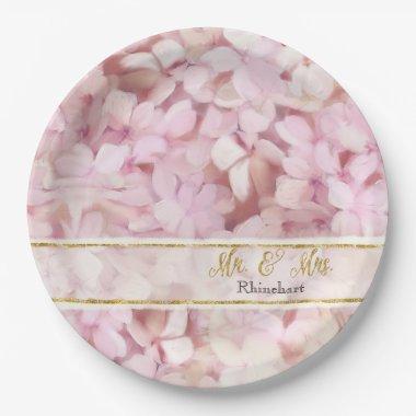 Gold Glitter Pink Hydrangea Flowers Mr. and Mrs. Paper Plates
