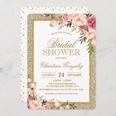 Gold Glitter Pink Rose Floral Bridal Shower Invite