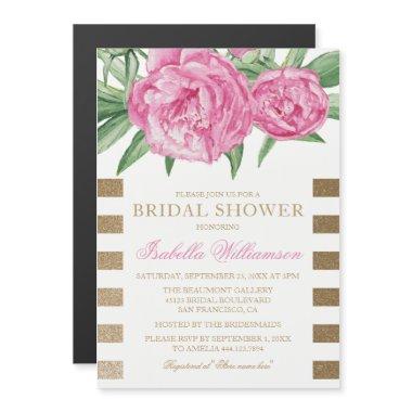 Gold Glitter & Pink Stripes | Floral Bridal Shower Magnetic Invitations