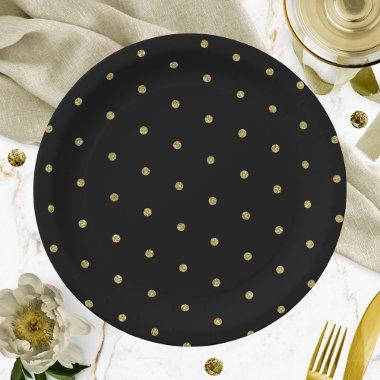 Gold Glitter Polka Dot Pattern Black Paper Plates