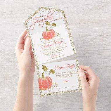 Gold Glitter Pumpkin Baby Shower Diaper Raffle All In One Invitations