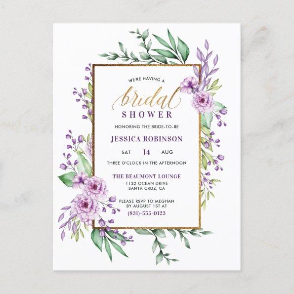 Gold Glitter Purple Flowers Script Bridal Shower Invitation PostInvitations