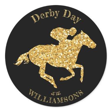 Gold Glitter Race Horse on Black Derby Classic Round Sticker