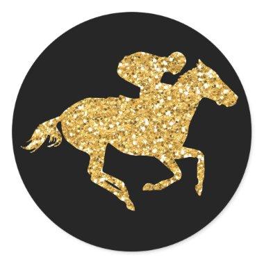 Gold Glitter Race Horse on Black Derby Party Classic Round Sticker