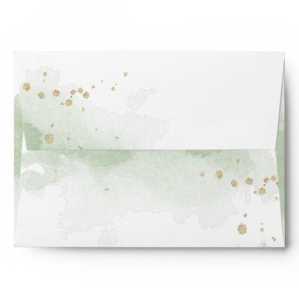 gold glitter sage green and white wedding envelope