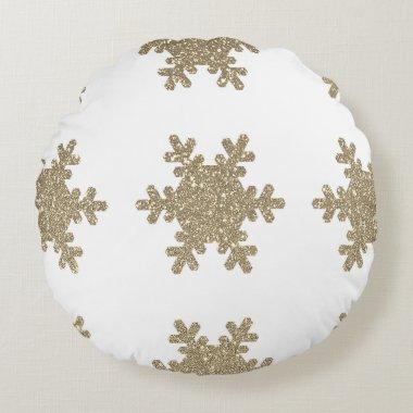 Gold Glitter Snowflake Pattern White Christmas Round Pillow
