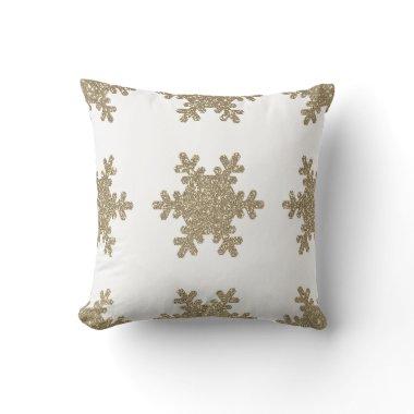 Gold Glitter Snowflake Pattern White Christmas Throw Pillow