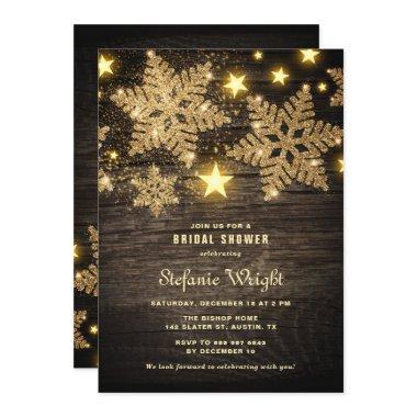 Gold Glitter Snowflakes Rustic Bridal Shower Invitations