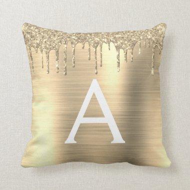 Gold Glitter Sparkle Brushed Metal Monogram Name Throw Pillow