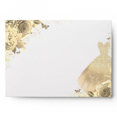 Gold Glitter Sparkle Dress Floral Invitations Envelope