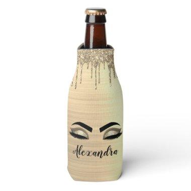 Gold Glitter Sparkle Eyelashes Monogram Name Bottle Cooler