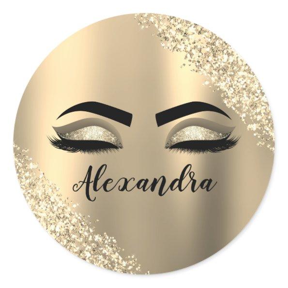 Gold Glitter Sparkle Eyelashes Monogram Name Classic Round Sticker