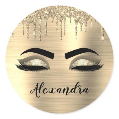 Gold Glitter Sparkle Eyelashes Monogram Name Classic Round Sticker