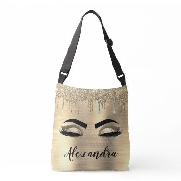 Gold Glitter Sparkle Eyelashes Monogram Name Crossbody Bag