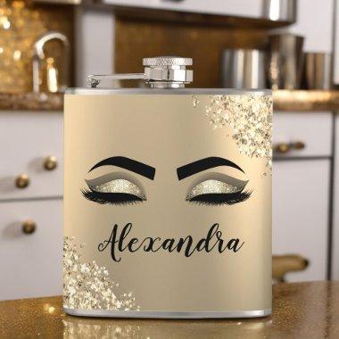 Gold Glitter Sparkle Eyelashes Monogram Name Flask