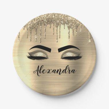 Gold Glitter Sparkle Eyelashes Monogram Name Paper Plates