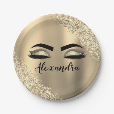 Gold Glitter Sparkle Eyelashes Monogram Name Paper Plates