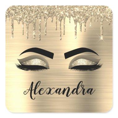 Gold Glitter Sparkle Eyelashes Monogram Name Square Sticker
