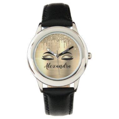 Gold Glitter Sparkle Eyelashes Monogram Name Watch