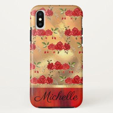 Gold Glitter Sparkle Vintage Rose Floral Name iPhone X Case
