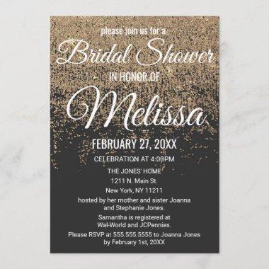 Gold Glitter Sparkles Black Bridal Shower Invitations