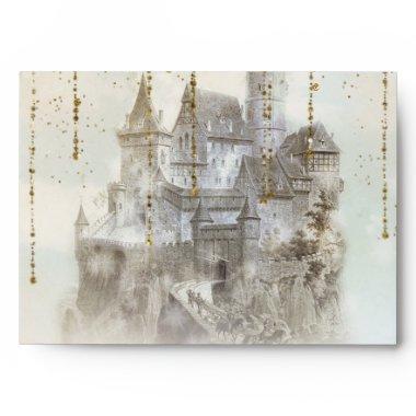 Gold Glitter Storybook Castle Birthday Party Envelope