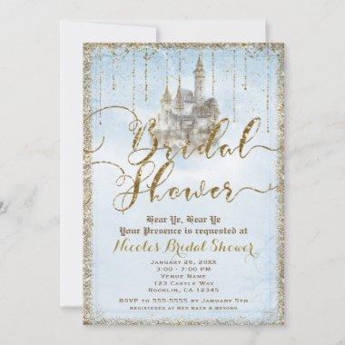 Gold Glitter Storybook Castle Blue Bridal Shower Invitations