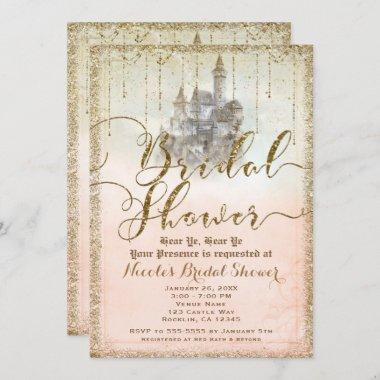 Gold Glitter Storybook Castle Bridal Shower Invitations