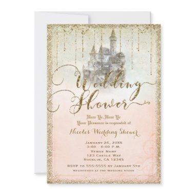 Gold Glitter Storybook Castle Wedding Shower Invitations