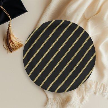 Gold Glitter Stripe Pattern On Black Paper Plates