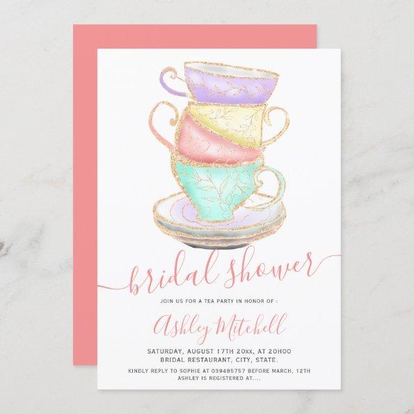 Gold glitter tea cup watercolor chic bridal shower Invitations