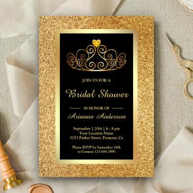 Gold Glitter Tiara Princess Black Bridal Shower Invitations