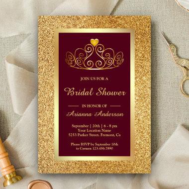 Gold Glitter Tiara Princess Burgundy Bridal Shower Invitations