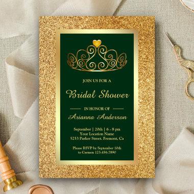 Gold Glitter Tiara Princess Green Bridal Shower Invitations