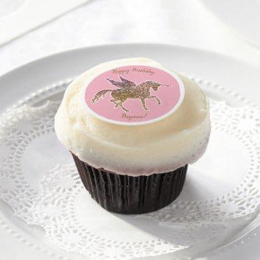 Gold Glitter Unicorn Sparkle Pink Birthday Party Edible Frosting Rounds