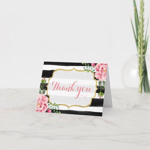 Gold Glitter Watercolor Floral Stripes Thank You