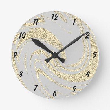 Gold Glitter Wave Pattern Beige Ivory Cream Decor Round Clock