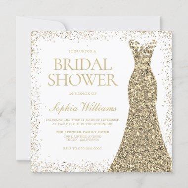 Gold Glitter Wedding Dress Gown Bridal Shower Invitations