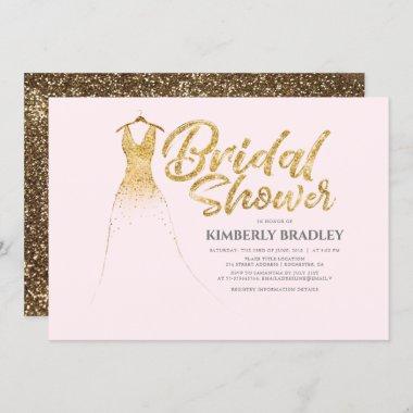 Gold Glitter Wedding Dress Soft Pink Bridal Shower Invitations